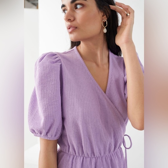 & OTHER STORIES Puff Sleeve Wrap Mini Dress Size XS Lavender Purple Ruffle - Picture 4 of 15